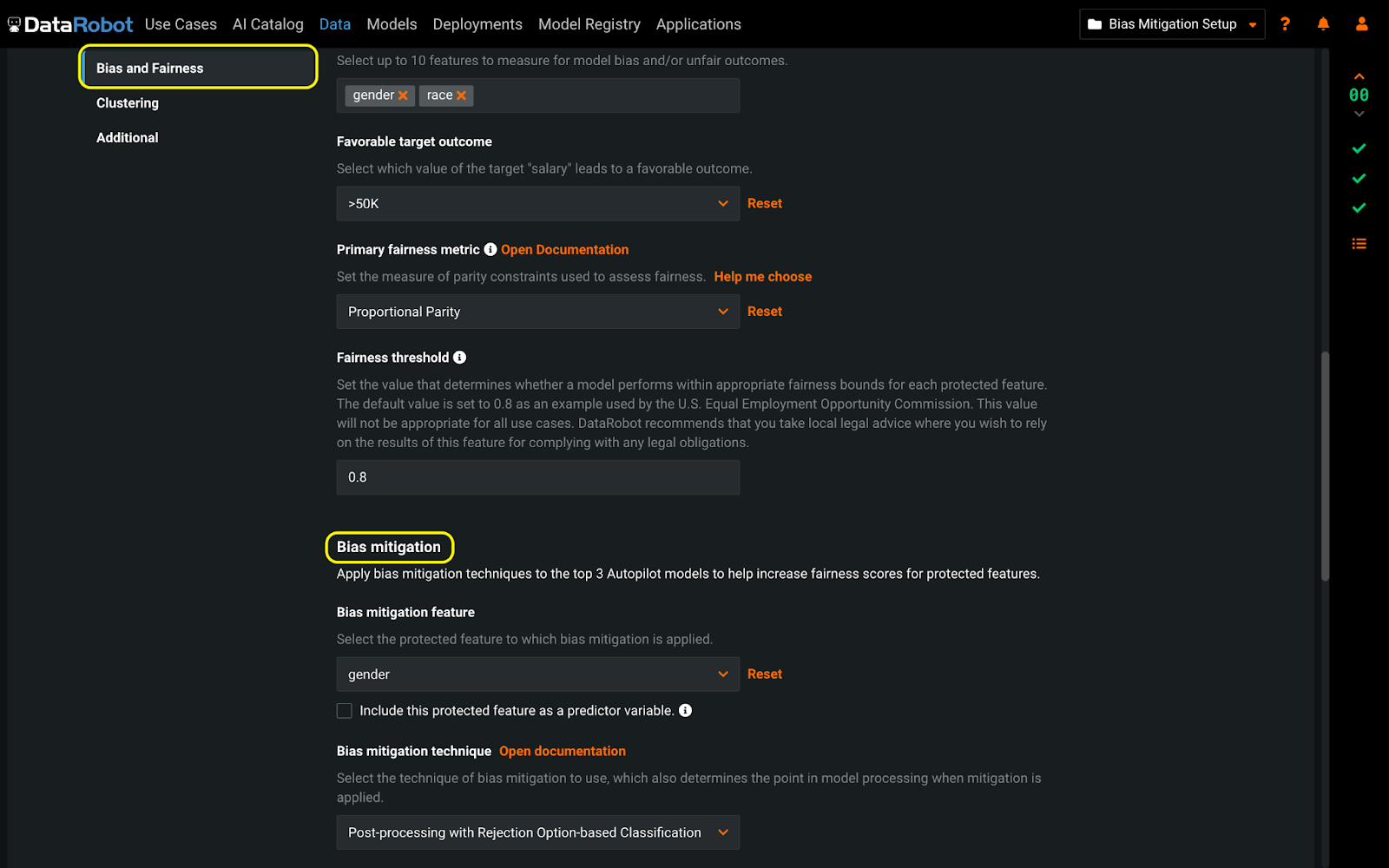 Bias and Fairness section - DataRobot AI Cloud